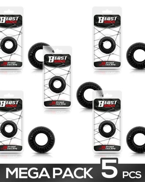 Pacote de 5 anéis penianos listrados super flexíveis/resistentes 1,9 cm preto